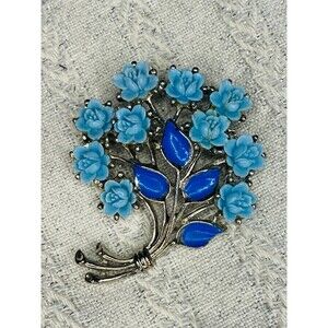 Vintage light blue celluloid enamel flower bunch brooch silver toned